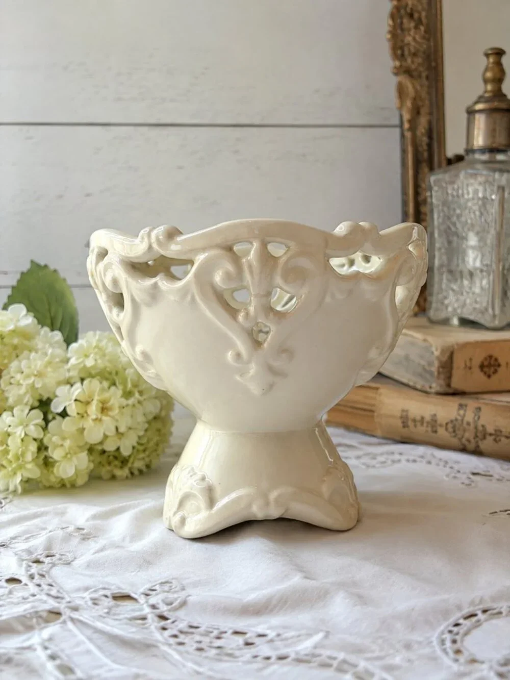 Vintage Cream Pedestal Bowl Pierced Openwork Rim Ornate Footed Compote MCM